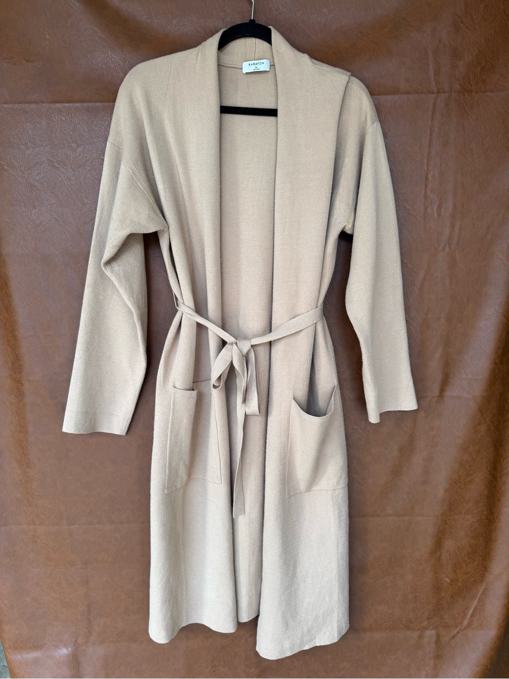 Babaton Aritzia XL Long Belted Cardigan Duster Taupe Beige Open Front